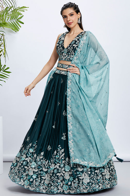 Sequins Work Silk Teal Lehenga With Mesmetic Blouse