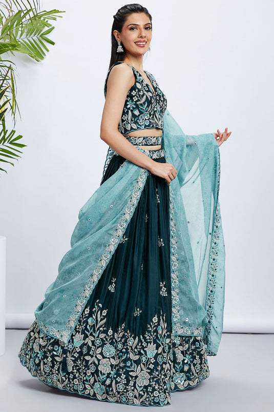 Sequins Work Silk Teal Lehenga With Mesmetic Blouse