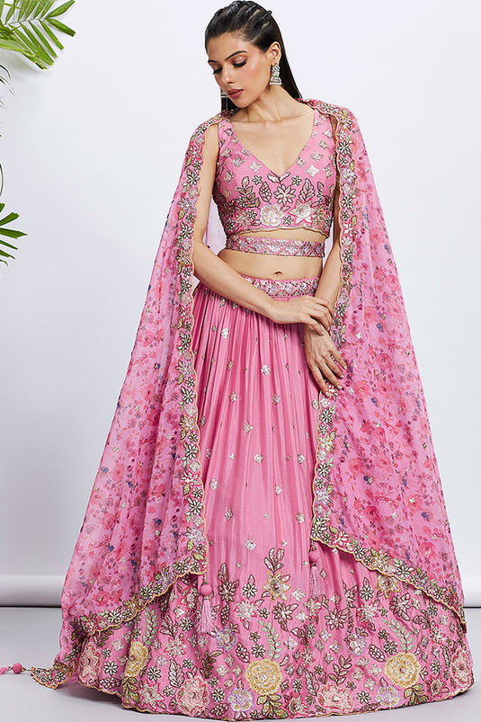 Pink Sequins Work Chiffon Silk Lehenga With Riveting Blouse