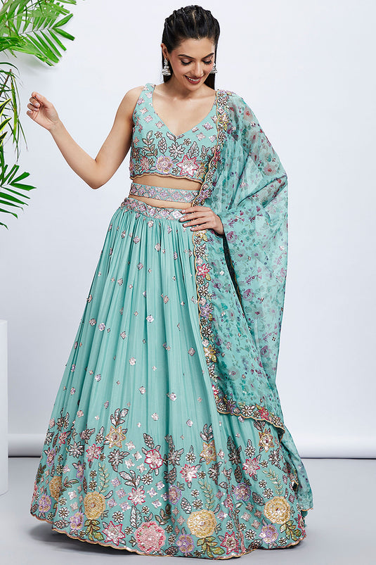 Sequins Work On Turquoise Blue Chiffon Silk 3 Piece Lehenga With Beautiful Blouse