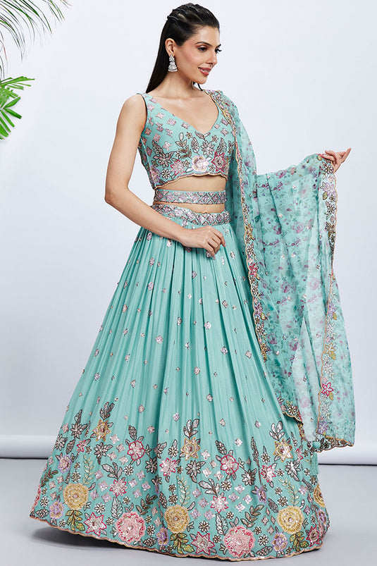 Sequins Work On Turquoise Blue Chiffon Silk 3 Piece Lehenga With Beautiful Blouse