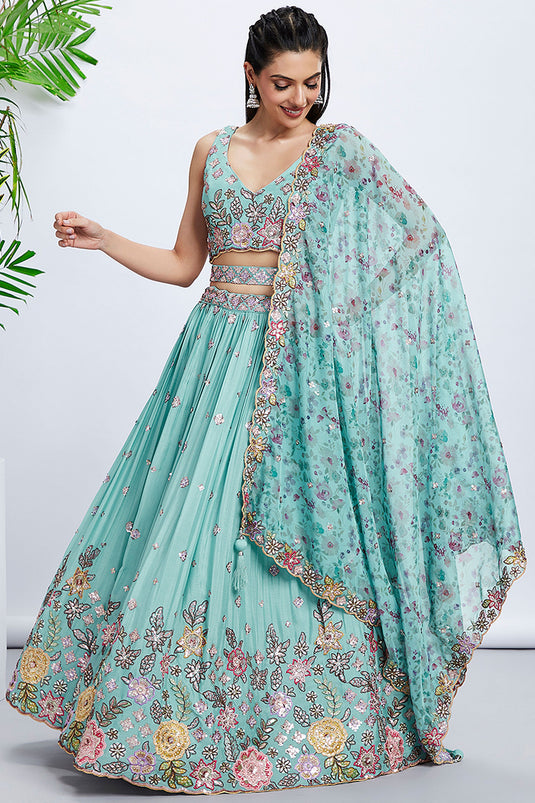 Sequins Work On Turquoise Blue Chiffon Silk 3 Piece Lehenga With Beautiful Blouse