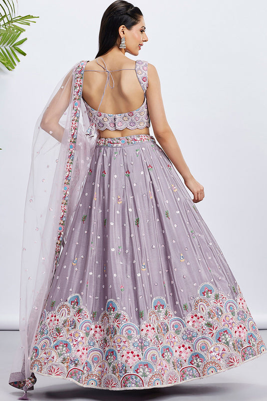 Chiffon Purple Sequins Work 3 Piece Lehenga With Enthralling Blouse