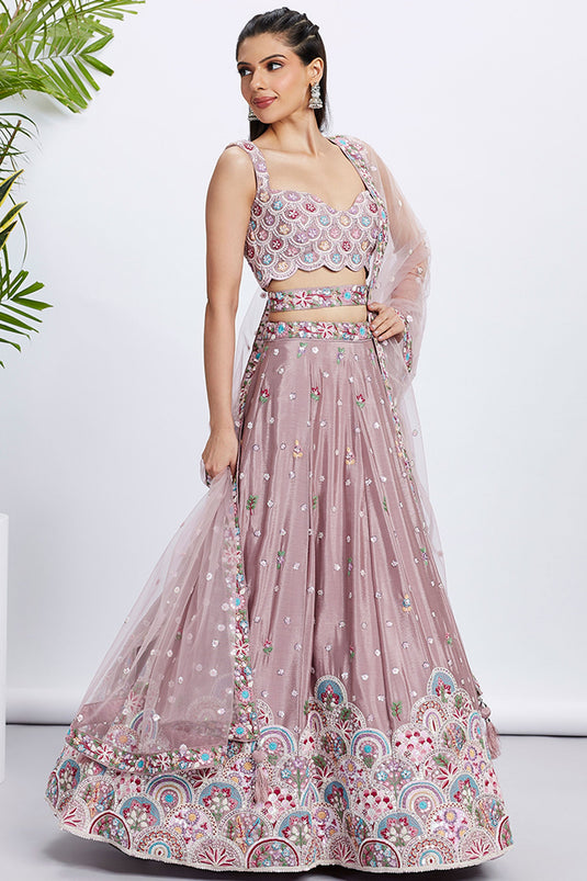 Sequins Work Rose Gold Designer Lehengas In Chiffon Fabric With Beautiful Blouse
