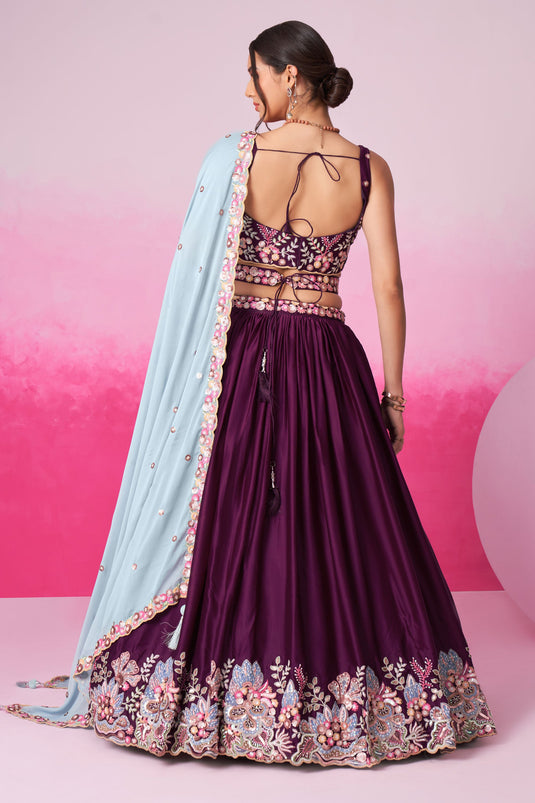 Occasion Wear Burgundy Sequins Work Lehenga In Satin Fabric With Designer Blouse