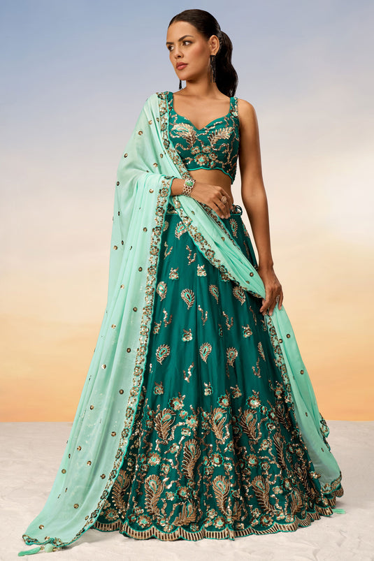 Sequins Work Georgette Green Lehenga With Mesmetic Blouse