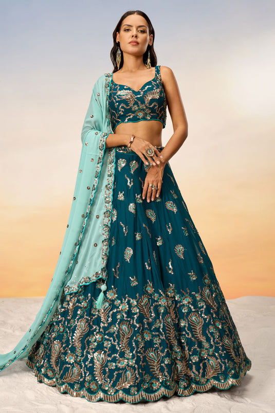 Sequins Work On Teal Georgette 3 Piece Lehenga With Beautiful Blouse