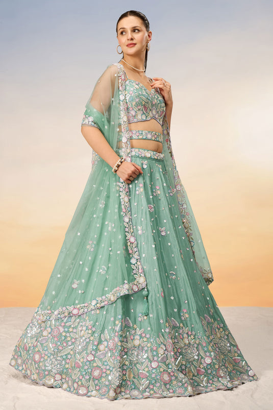 Sea Green Chiffon Sangeet Wear Lehenga With Sequins Work And Alluring Blouse