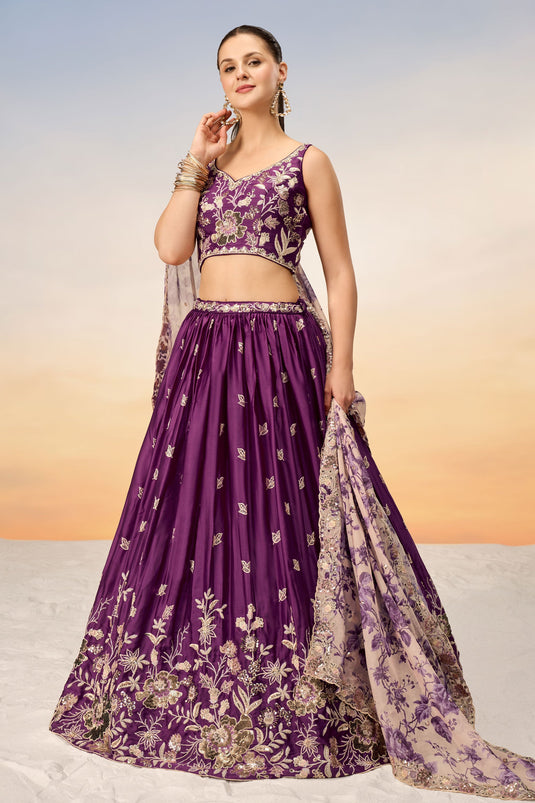 Purple Chiffon Function Wear Lehenga With Sequins Work And Enchanting Blouse