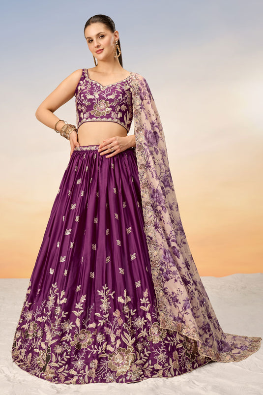 Purple Chiffon Function Wear Lehenga With Sequins Work And Enchanting Blouse