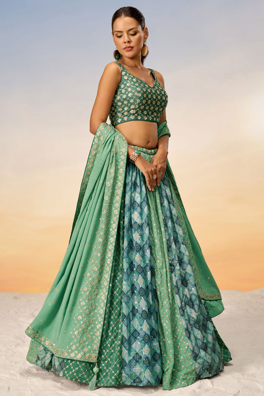 Sequins Work Sea Green Designer 3 Piece Lehenga In Chiffon Fabric