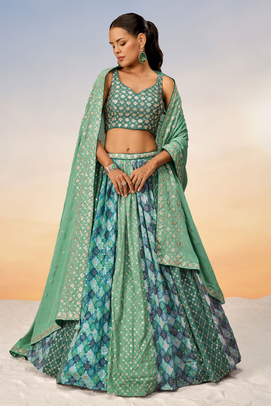 Sequins Work Sea Green Designer 3 Piece Lehenga In Chiffon Fabric