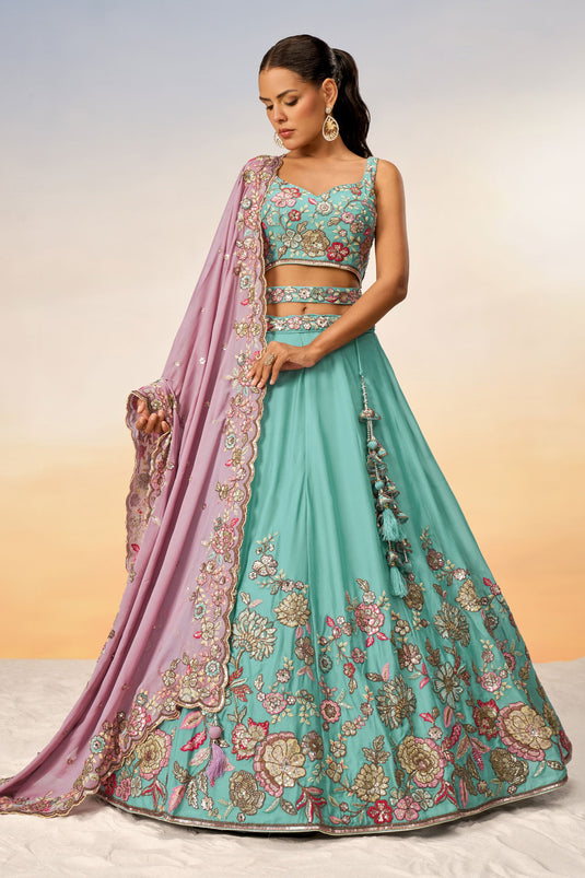 Engaging Cyan Color Georgette Fabric Sequins Work Wedding Wear Lehenga Choli
