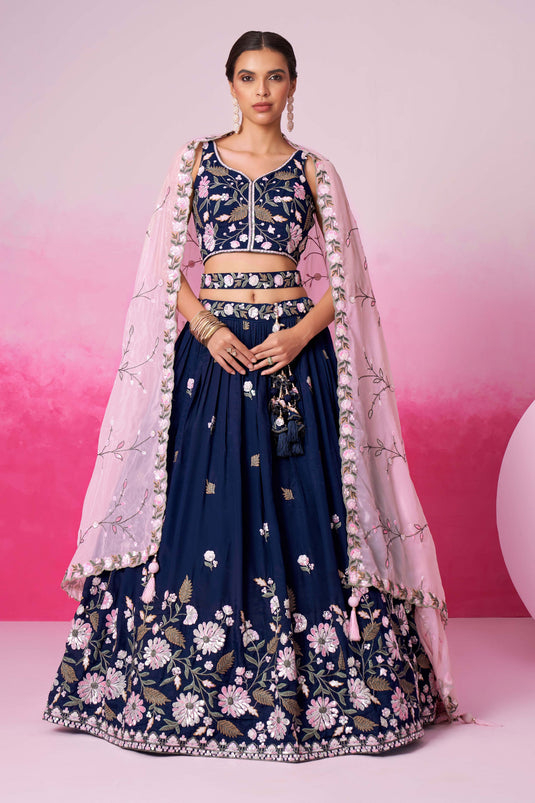 Attractive Navy Blue Color Sequins Work On Satin Fabric Wedding Wear Lehenga Choli