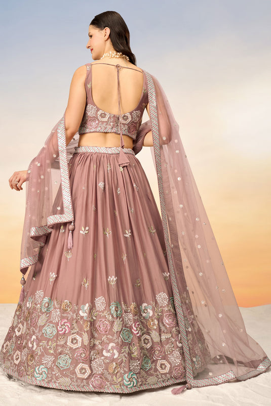 Sequins Work Pink Georgette Festive Wear Lehenga With Ambroidery