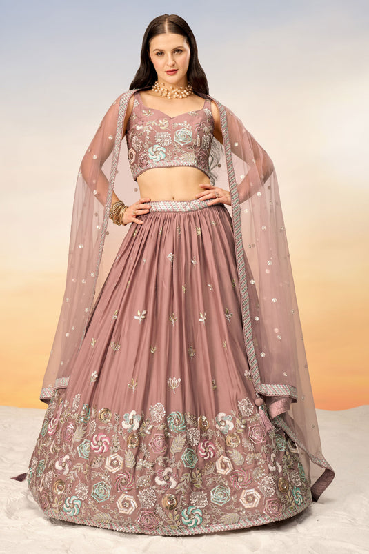 Sequins Work Pink Georgette Festive Wear Lehenga With Ambroidery