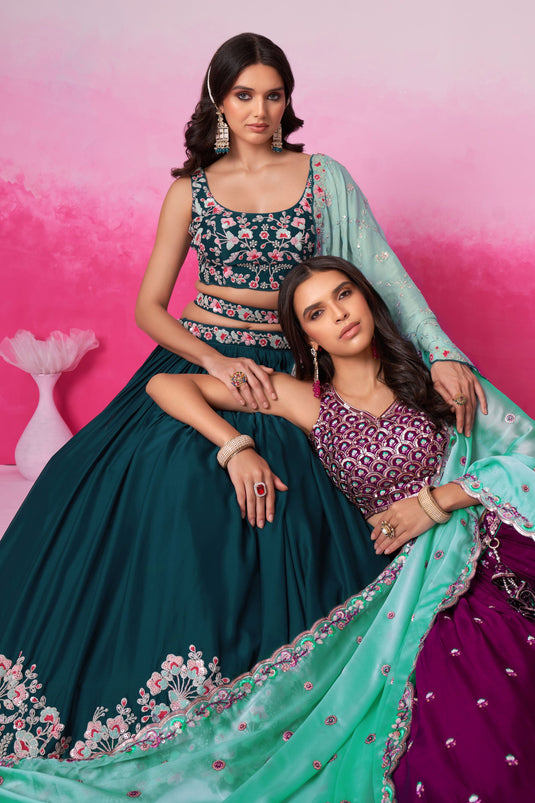 Glamorous Teal Color Georgette Fabric Sequins Work Wedding Wear Lehenga Choli