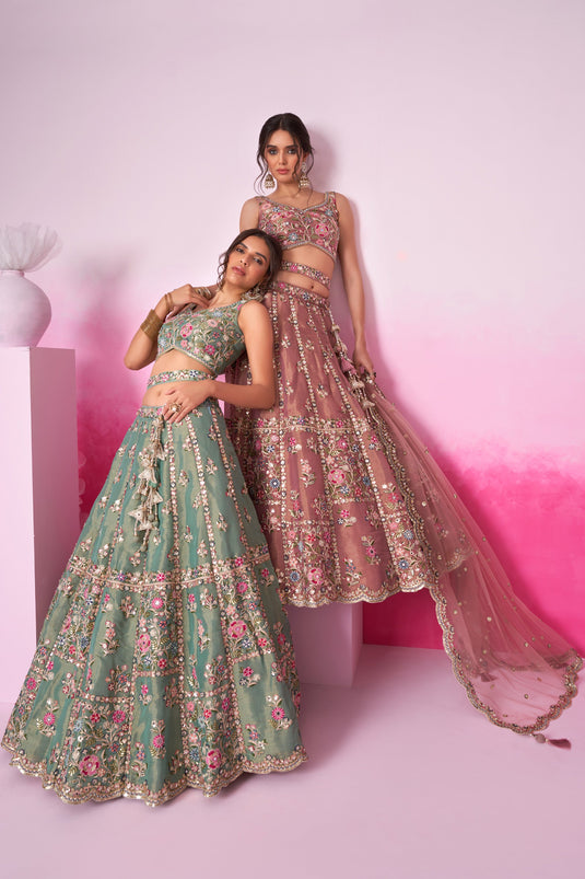 Net Fabric Pink Designer 3 Piece Lehenga Choli With Sequins Work Designs