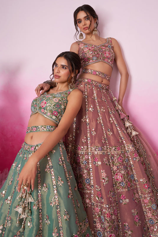 Sea Green Sequins Work Net Fabric Reception Wear Lehenga With Enchanting Blouse