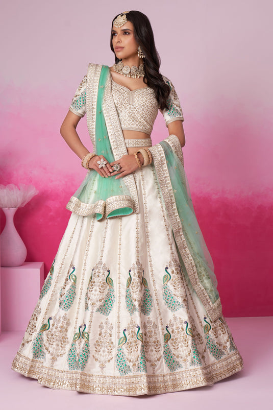 Sequins Work Bridal Lehenga In Cream Color Silk Fabric With Blouse
