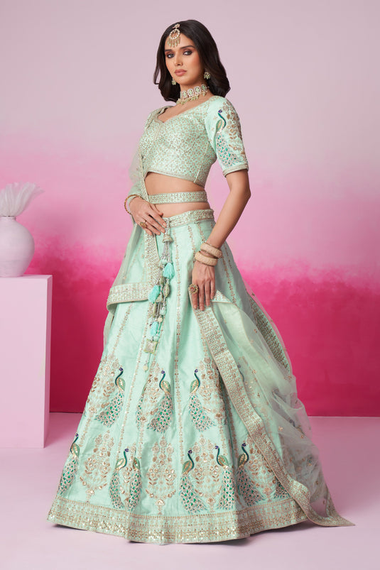 Sequins Work Silk Fabric Designer Lehenga In Sea Green Color With Blouse