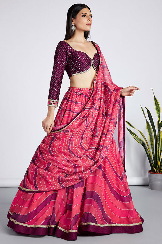 Pink Organza Sangeet Wear Lehenga With Printed Work And Alluring Blouse