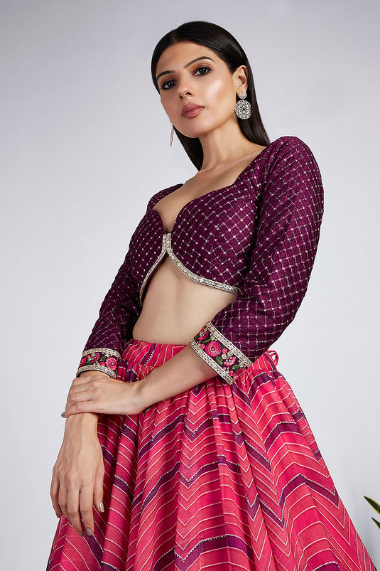 Pink Organza Sangeet Wear Lehenga With Printed Work And Alluring Blouse