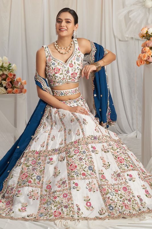 Poly Georgette Sequins Work Off White And Navy Blue Designer Lehenga Choli