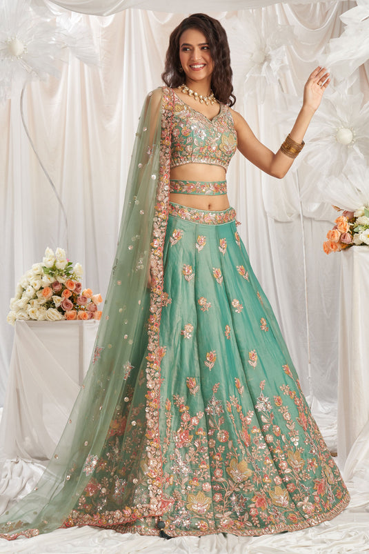 Lime Green Wedding Wear Organza Lehenga Choli