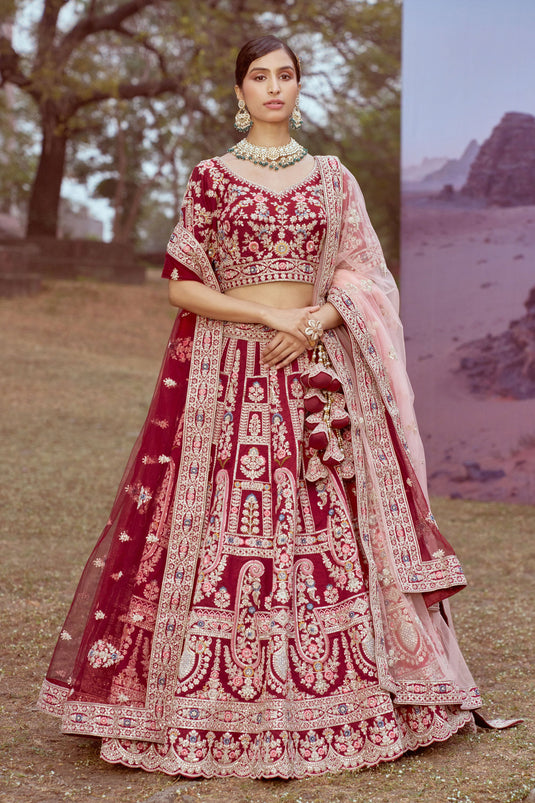 Maroon Embroidered Silk Lehenga Choli