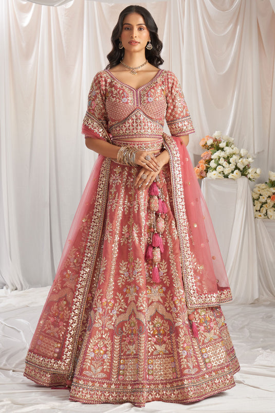 Tissue Rose Gold Embroidered Trendy Lehenga Choli