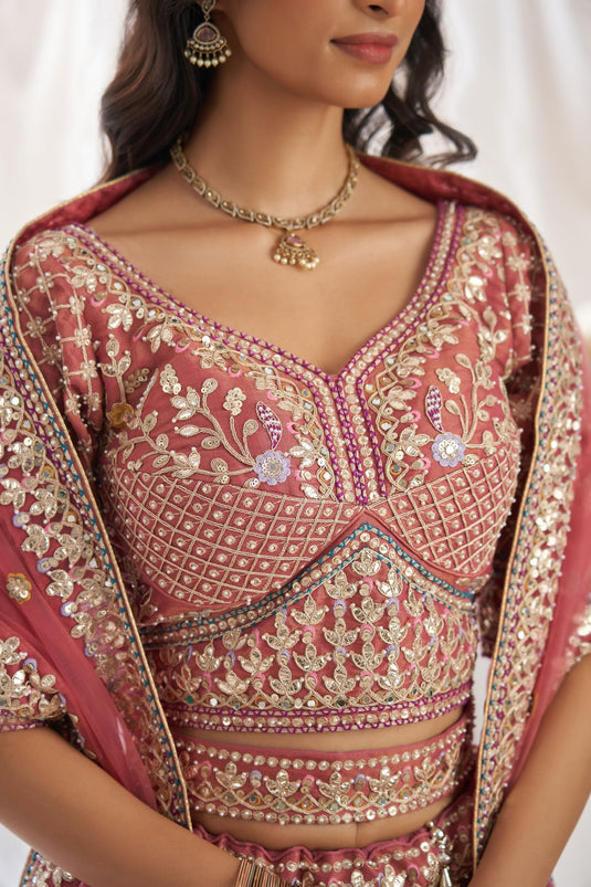 Tissue Rose Gold Embroidered Trendy Lehenga Choli