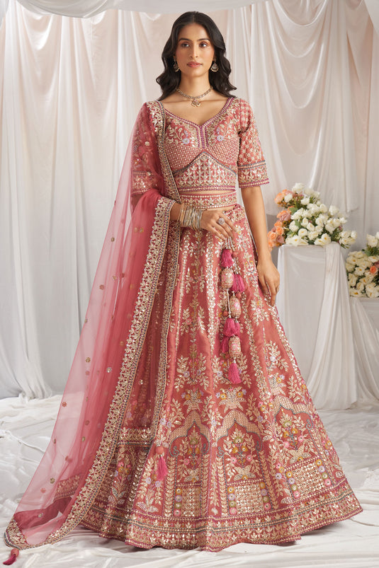 Tissue Rose Gold Embroidered Trendy Lehenga Choli