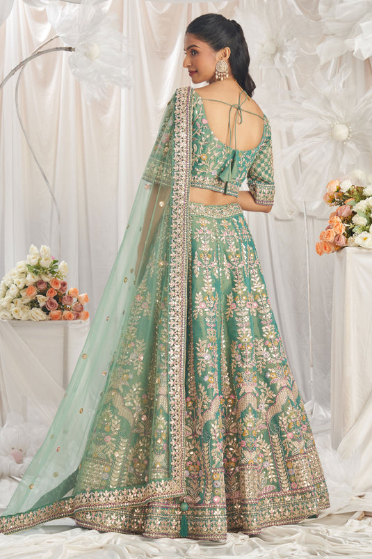 Extraordinary Tissue Sequins Work Sea Green Lehenga Choli