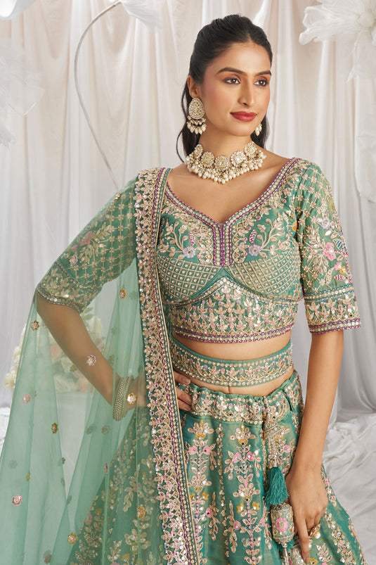 Extraordinary Tissue Sequins Work Sea Green Lehenga Choli