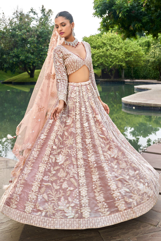 Embroidered Organza Designer Lehenga Choli In Pink Color