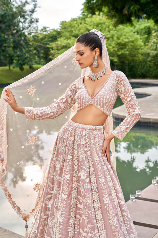 Embroidered Organza Designer Lehenga Choli In Pink Color