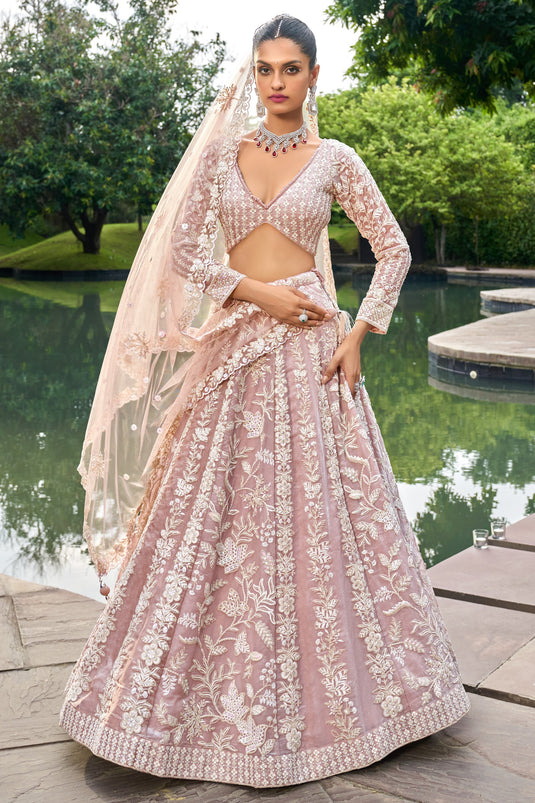 Embroidered Organza Designer Lehenga Choli In Pink Color