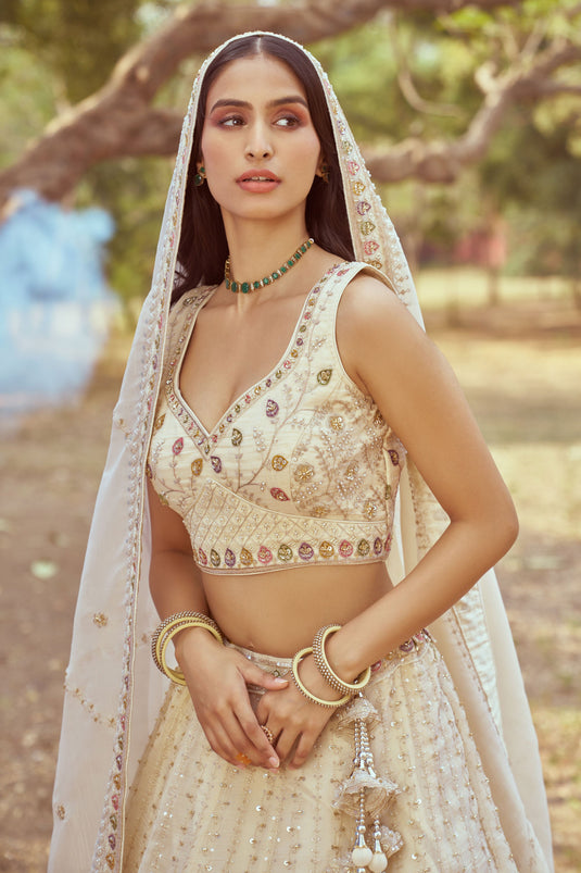 Regal Cream Tissue Bridal Lehenga Choli