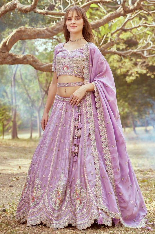 Ruby Lavender Pure Tissue Heavy Embroidered Bridal Lehenga Choli