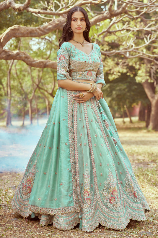 Champagne Sea Green Pure Organza Heavy Embroidered Bridal Lehenga Choli