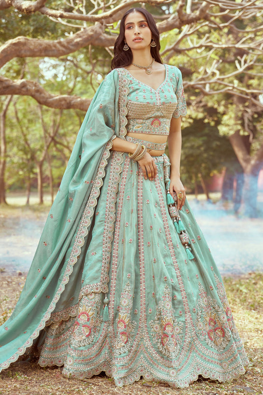 Champagne Sea Green Pure Organza Heavy Embroidered Bridal Lehenga Choli