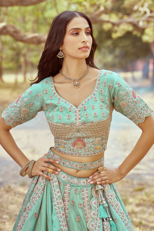 Champagne Sea Green Pure Organza Heavy Embroidered Bridal Lehenga Choli