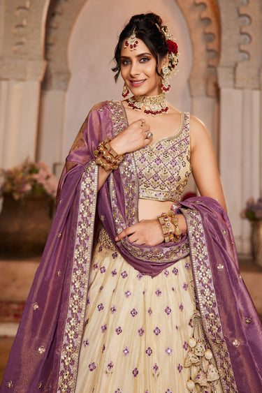 Purple Pure Tissue Heavy Embroidered Bridal Lehenga Choli