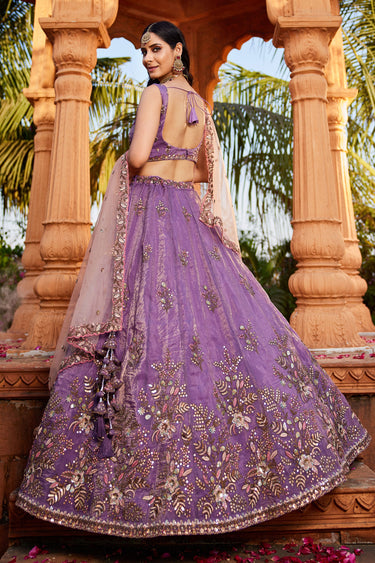 Tissue Fabric Purple Color Wedding Wear 3 Piece Lehenga Choli