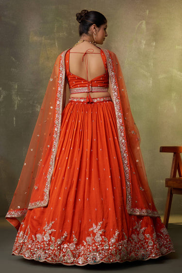 Embroidered Georgette Orange Lehenga Choli With Dupatta