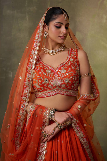 Embroidered Georgette Orange Lehenga Choli With Dupatta