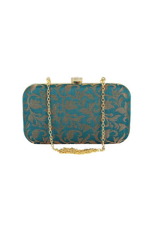 Teal Color Party Style Fancy Fabric Beatific Clutch Purses