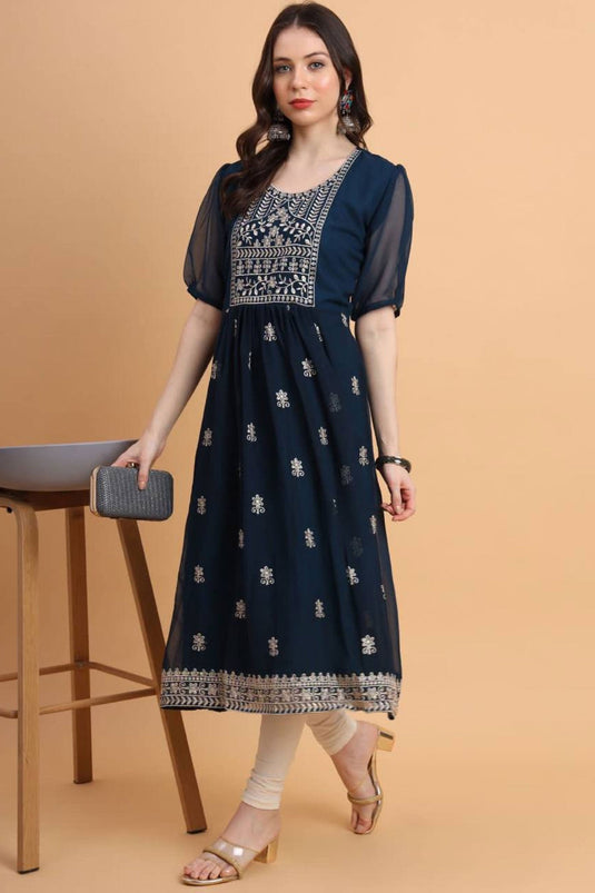 Amazing Navy Blue Color Georgette Fabric Readymade Kurti