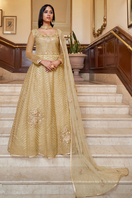 Inventive Function Style Beige Color Anarkali Suit In Net Fabric